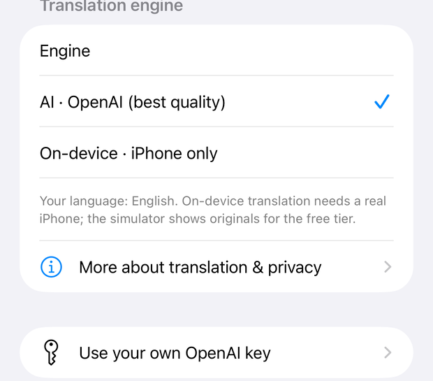 Choosing between AI and on-device translation in Queso settings.