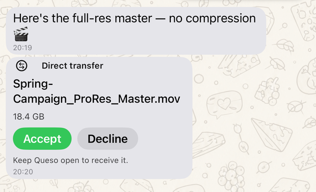 Ein Direct-Transfer-Angebot für eine 18,4-GB-Videodatei mit Annehmen und Ablehnen.